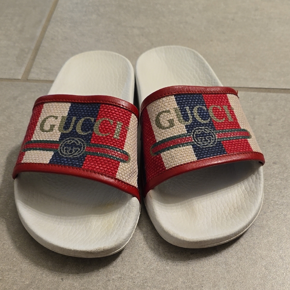 💯 Authentic Gucci Red Blue & Off White Slide Sandals 7